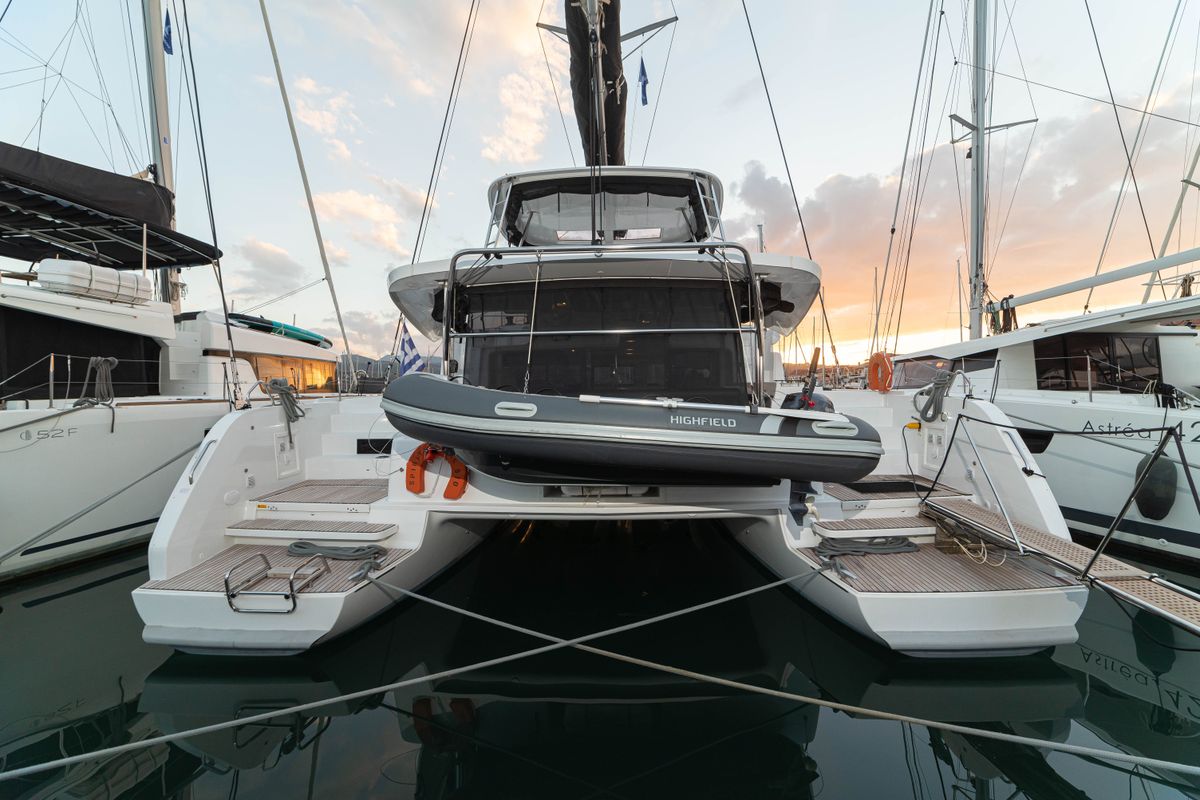 Exterior view of Spiritus, a Lagoon 46 catamaran at Municipal Unit of Lefkada, Greece
