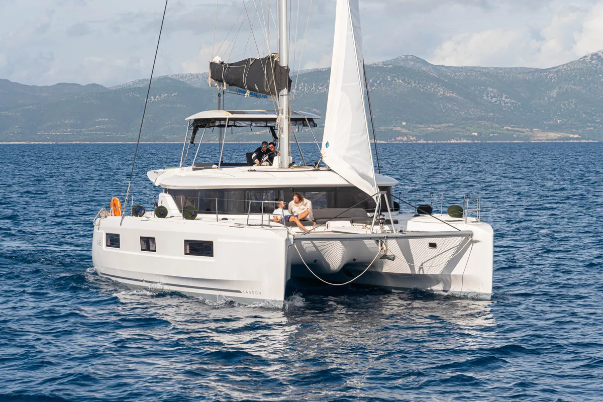 Exterior view of Spiritus, a Lagoon 46 catamaran at Municipal Unit of Lefkada, Greece