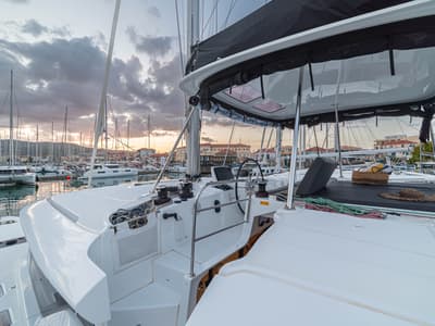 Cockpit of Spiritus, a Lagoon 46 catamaran at Municipal Unit of Lefkada, Greece