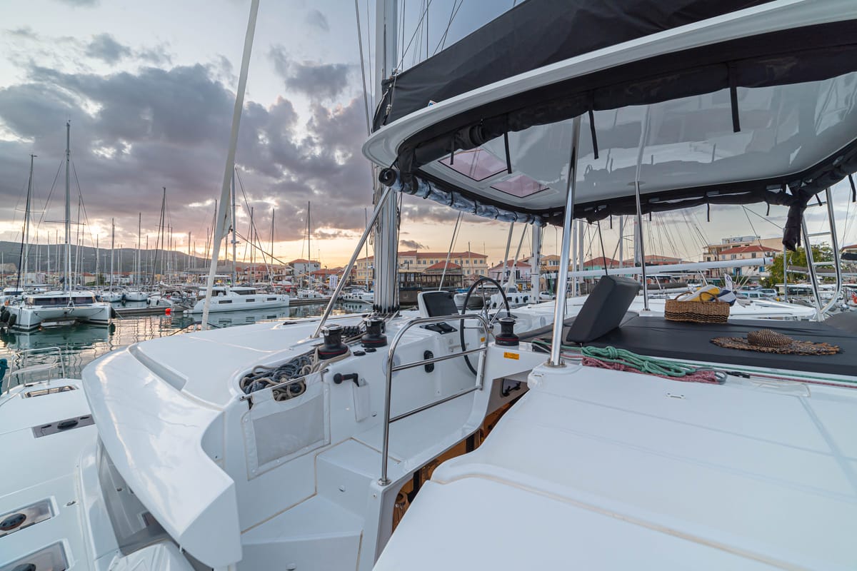 Cockpit of Spiritus, a Lagoon 46 catamaran at Municipal Unit of Lefkada, Greece