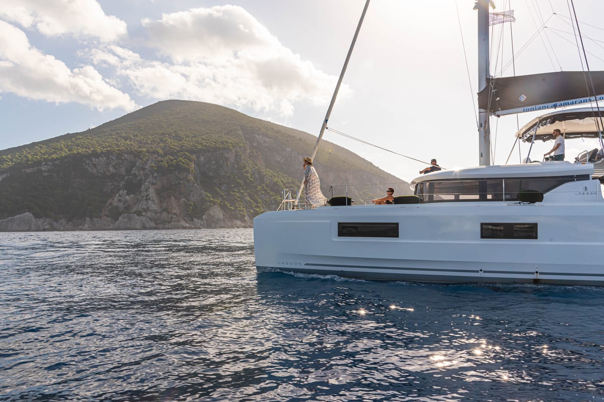 Exterior view of Spiritus, a Lagoon 46 catamaran at Municipal Unit of Lefkada, Greece