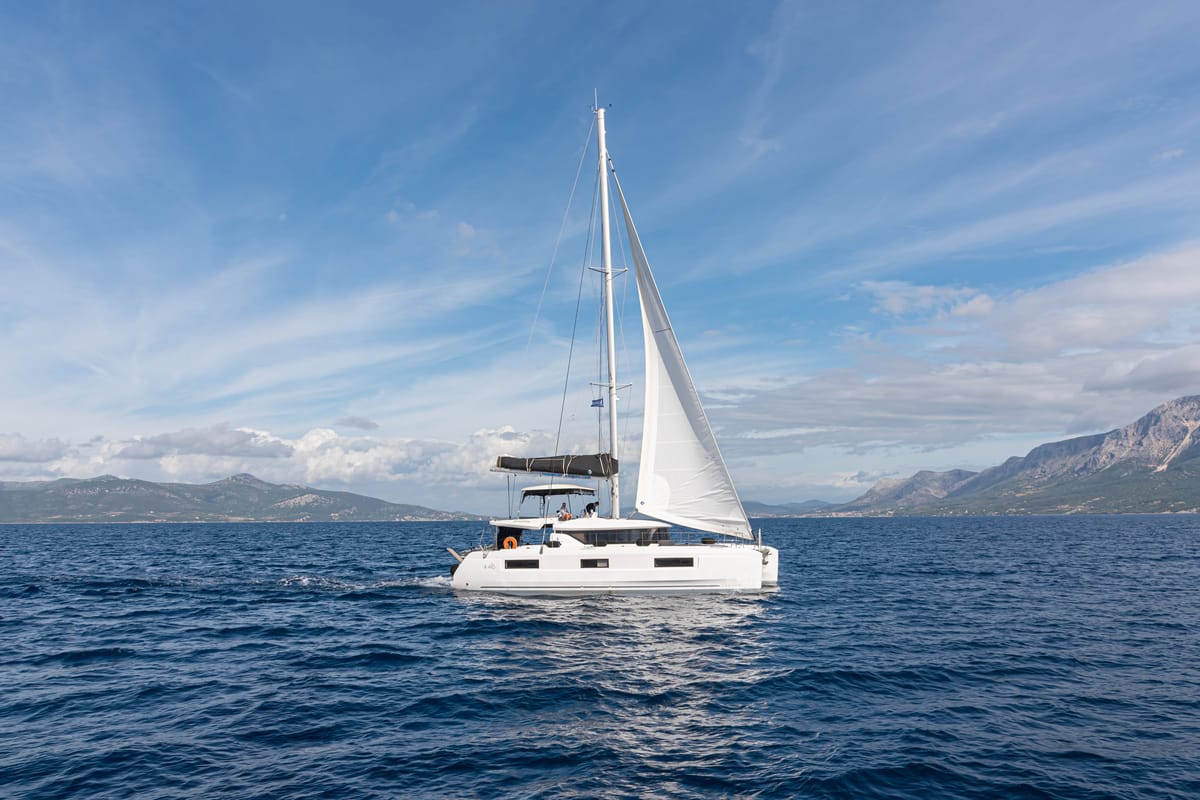 Exterior view of Spiritus, a Lagoon 46 catamaran at Municipal Unit of Lefkada, Greece