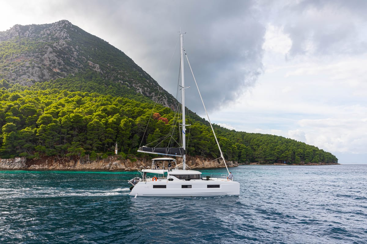 Exterior view of Spiritus, a Lagoon 46 catamaran at Municipal Unit of Lefkada, Greece