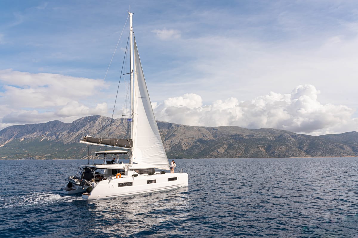 Exterior view of Spiritus, a Lagoon 46 catamaran at Municipal Unit of Lefkada, Greece