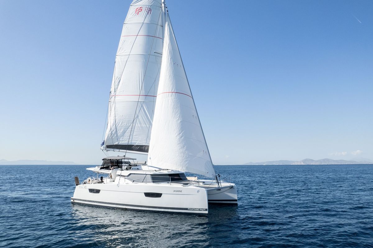 Exterior view of Jasmine, a Fountaine Pajot Elba 45 catamaran at Athens, Greece