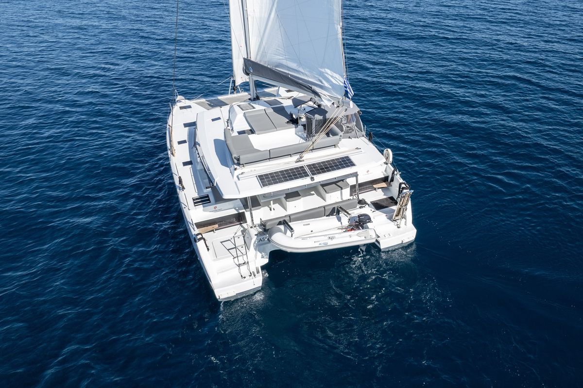 Exterior view of Jasmine, a Fountaine Pajot Elba 45 catamaran at Athens, Greece