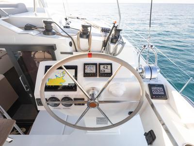 Cockpit of Jasmine, a Fountaine Pajot Elba 45 catamaran at Athens, Greece