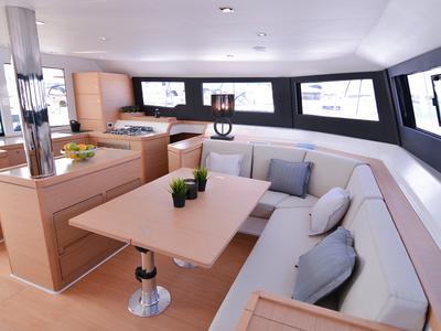 Salon of Sea Breeze, a Dufour Catamaran 48 catamaran at Parikia, Greece