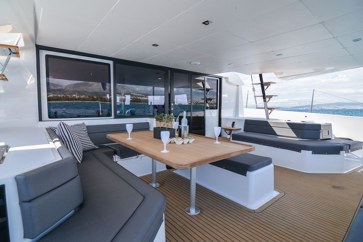 Deck of Sea Breeze, a Dufour Catamaran 48 catamaran at Parikia, Greece
