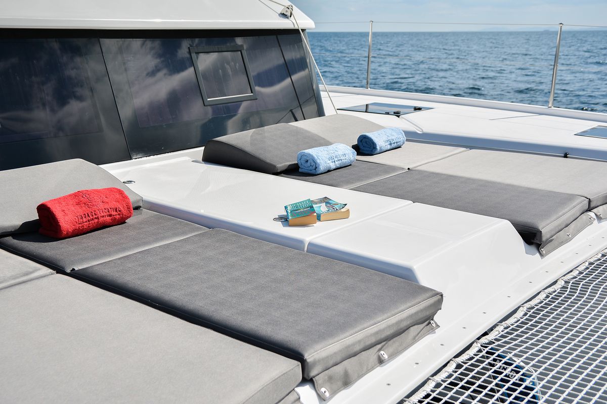 Deck of Sea Breeze, a Dufour Catamaran 48 catamaran at Parikia, Greece