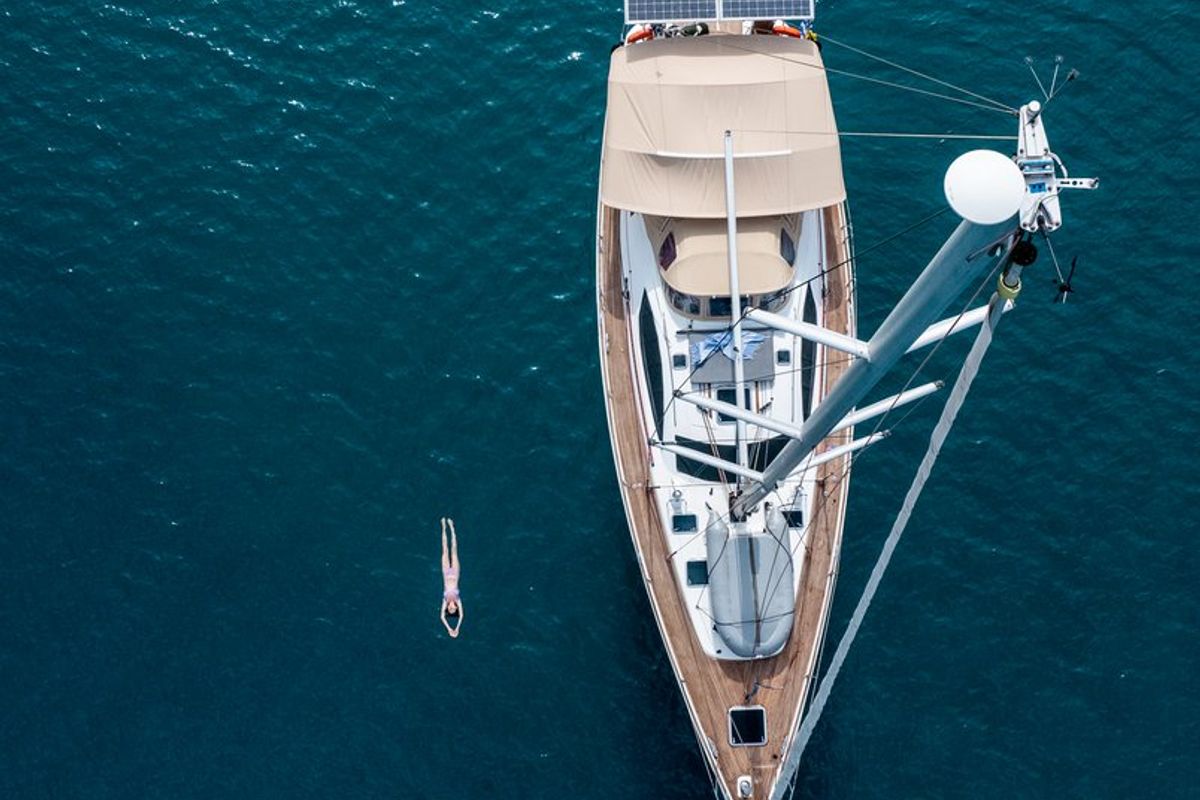 Exterior view of Boomerang, a Jeanneau Sun Odyssey 54DS sailboat at Municipal Unit of Ellomenos, Greece