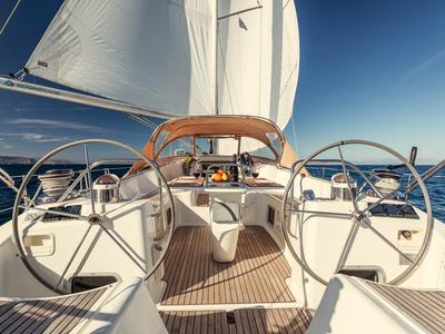 Cockpit of Boomerang, a Jeanneau Sun Odyssey 54DS sailboat at Municipal Unit of Ellomenos, Greece