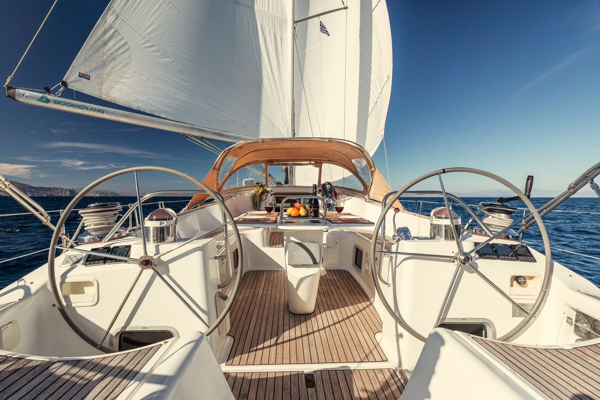 Cockpit of Boomerang, a Jeanneau Sun Odyssey 54DS sailboat at Municipal Unit of Ellomenos, Greece