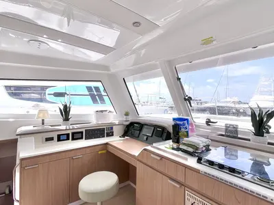 Cockpit of Yamas, a Bali Catspace OW catamaran at Parham Town, British Virgin Islands
