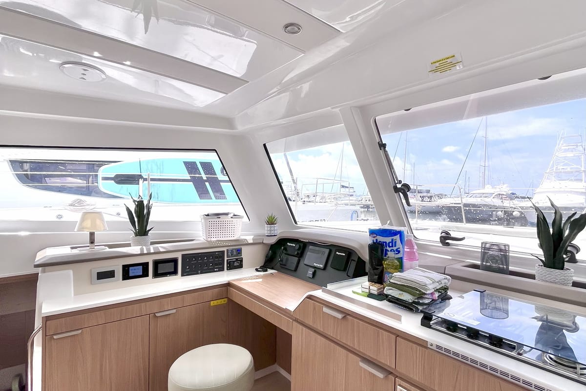 Cockpit of Yamas, a Bali Catspace OW catamaran at Parham Town, British Virgin Islands