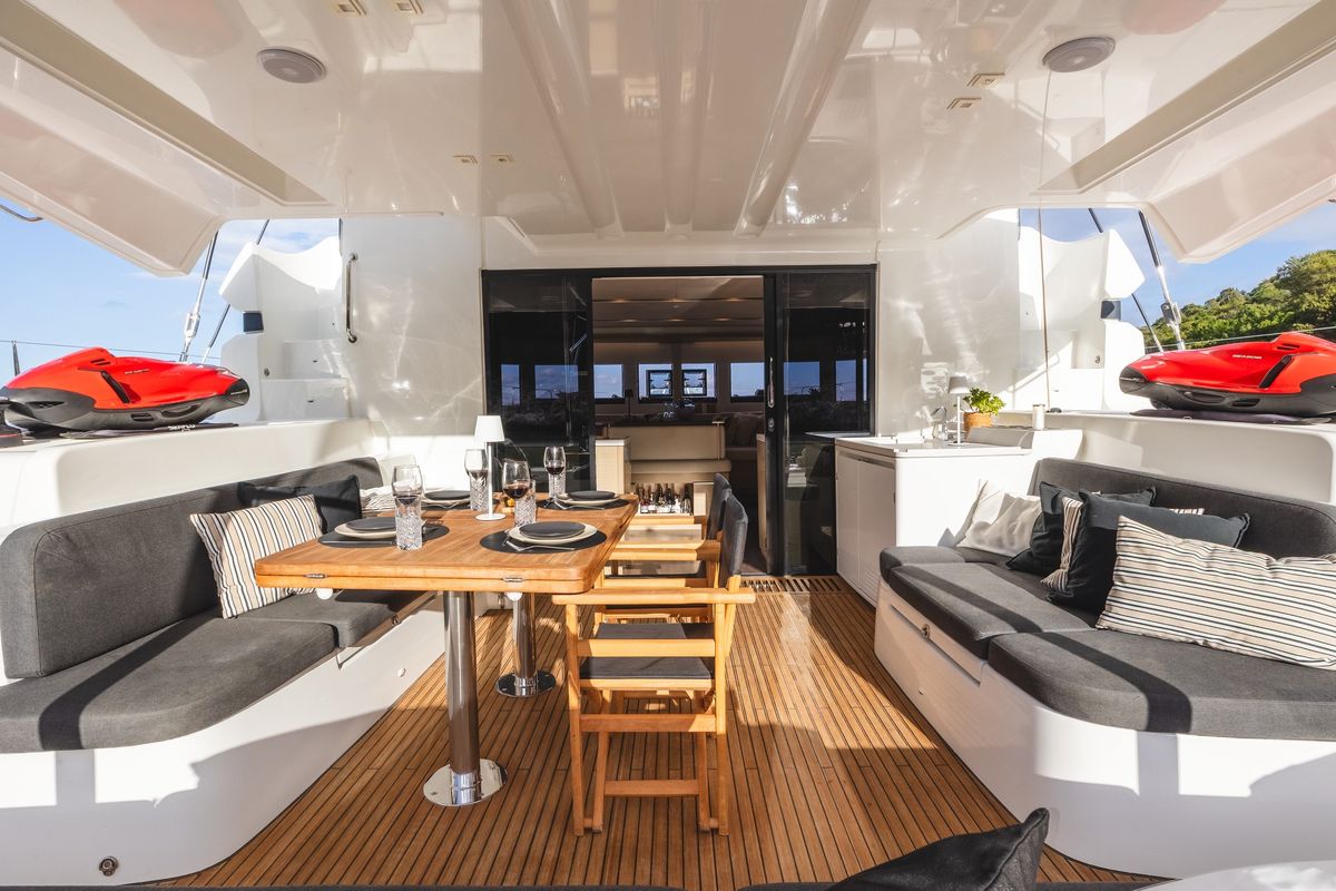 Deck of CELINA, a Lagoon 51 catamaran at Municipal Unit of Lefkada, Greece