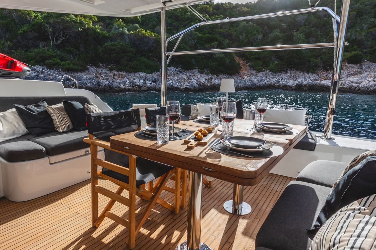 Deck of CELINA, a Lagoon 51 catamaran at Municipal Unit of Lefkada, Greece