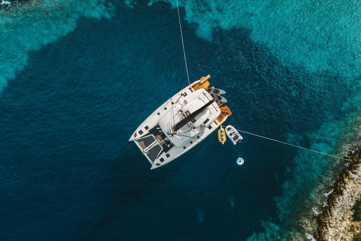 Exterior view of CELINA, a Lagoon 51 catamaran at Municipal Unit of Lefkada, Greece