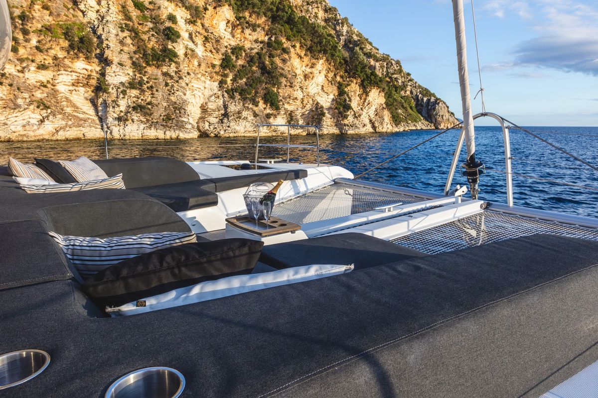 Deck of CELINA, a Lagoon 51 catamaran at Municipal Unit of Lefkada, Greece
