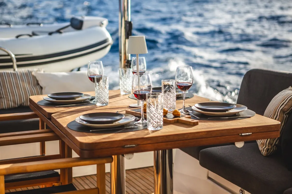 Deck of CELINA, a Lagoon 51 catamaran at Municipal Unit of Lefkada, Greece