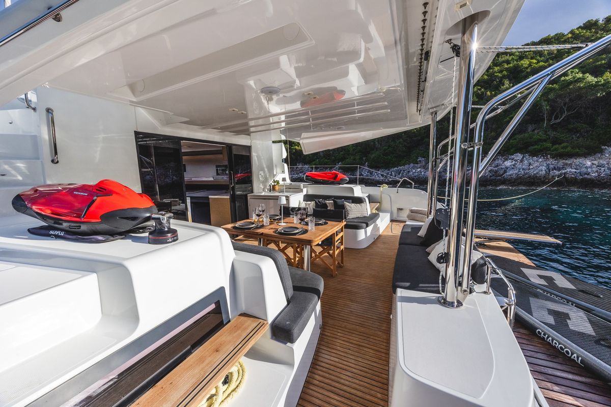 Deck of CELINA, a Lagoon 51 catamaran at Municipal Unit of Lefkada, Greece