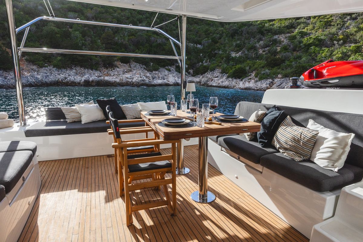 Deck of CELINA, a Lagoon 51 catamaran at Municipal Unit of Lefkada, Greece