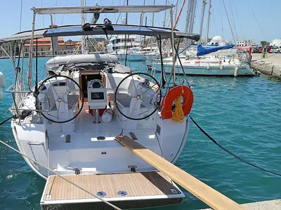 Cockpit of Nenemia, a Bavaria Cruiser 37 sailboat at Municipal Unit of Rhodes, Greece