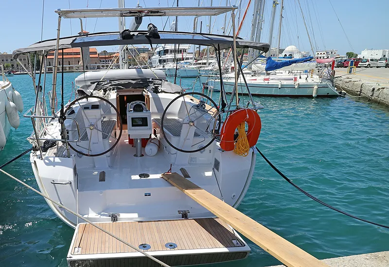 Cockpit of Nenemia, a Bavaria Cruiser 37 sailboat at Municipal Unit of Rhodes, Greece