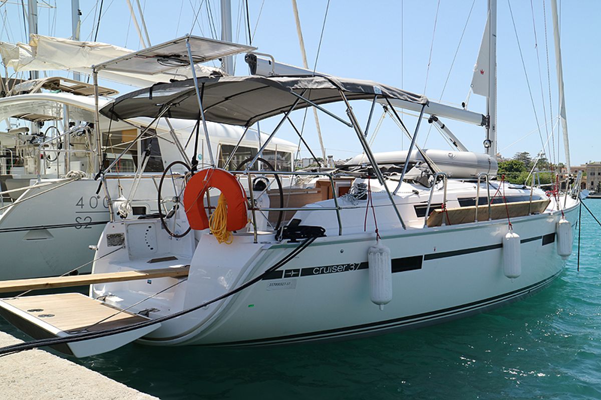 Exterior view of Nenemia, a Bavaria Cruiser 37 sailboat at Municipal Unit of Rhodes, Greece