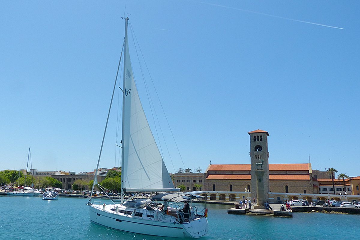 Exterior view of Nenemia, a Bavaria Cruiser 37 sailboat at Municipal Unit of Rhodes, Greece