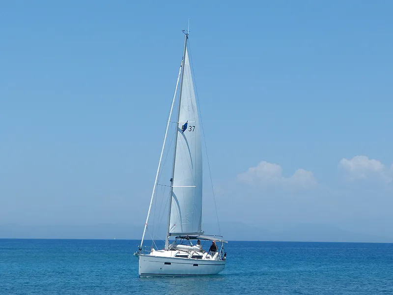 Exterior view of Nenemia, a Bavaria Cruiser 37 sailboat at Municipal Unit of Rhodes, Greece
