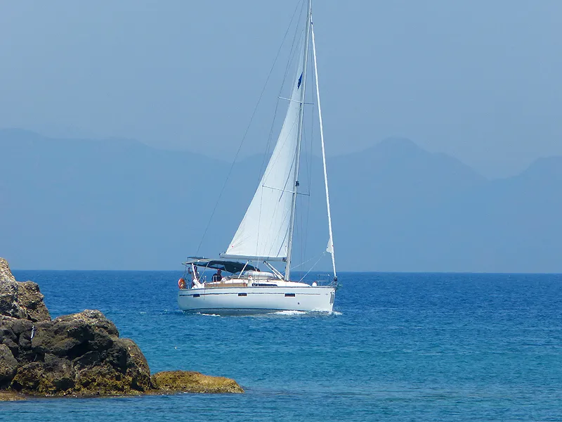Exterior view of Nenemia, a Bavaria Cruiser 37 sailboat at Municipal Unit of Rhodes, Greece