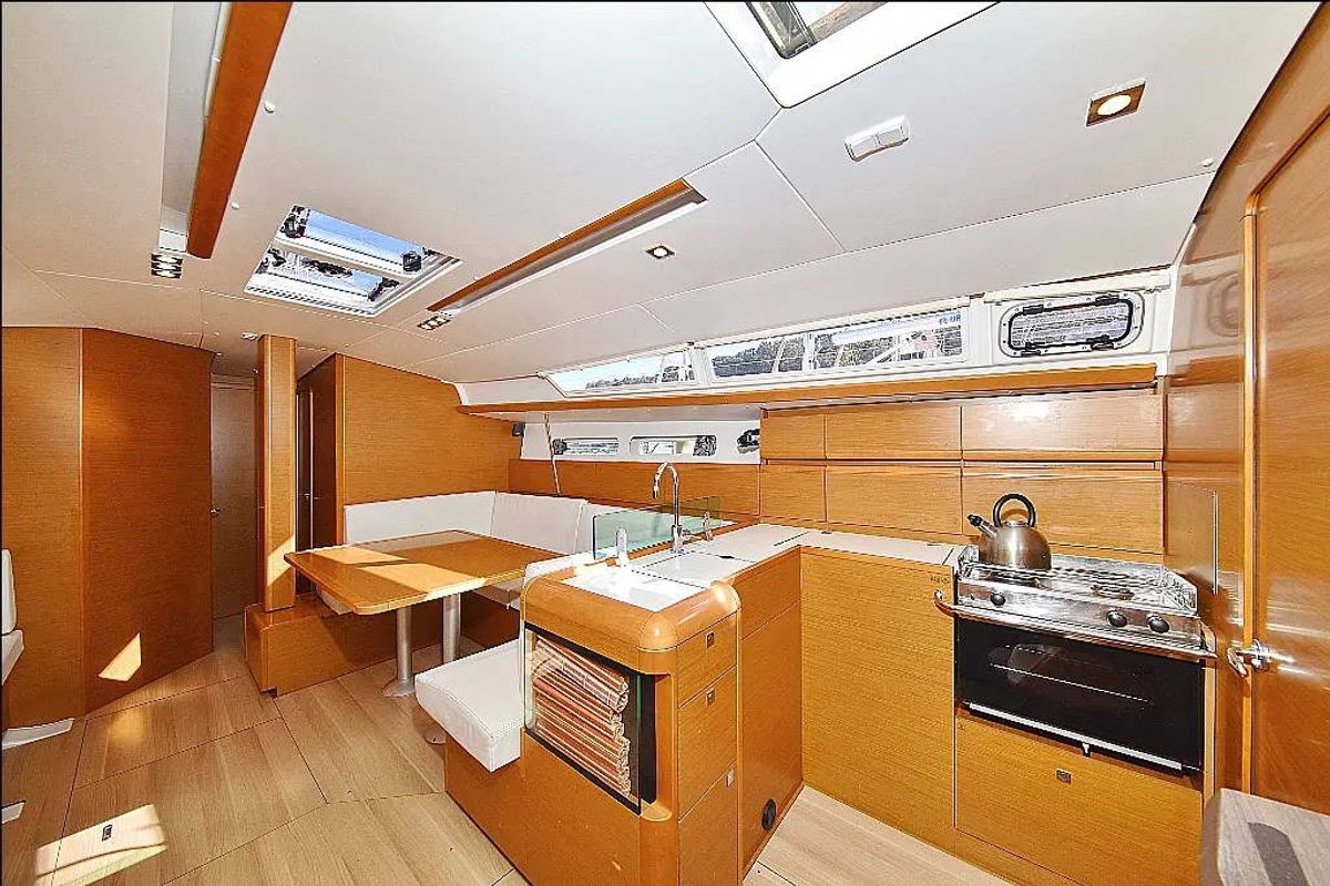 Galley of Canne Bleue, a Jeanneau Sun Odyssey 449 sailboat at Athens, Greece