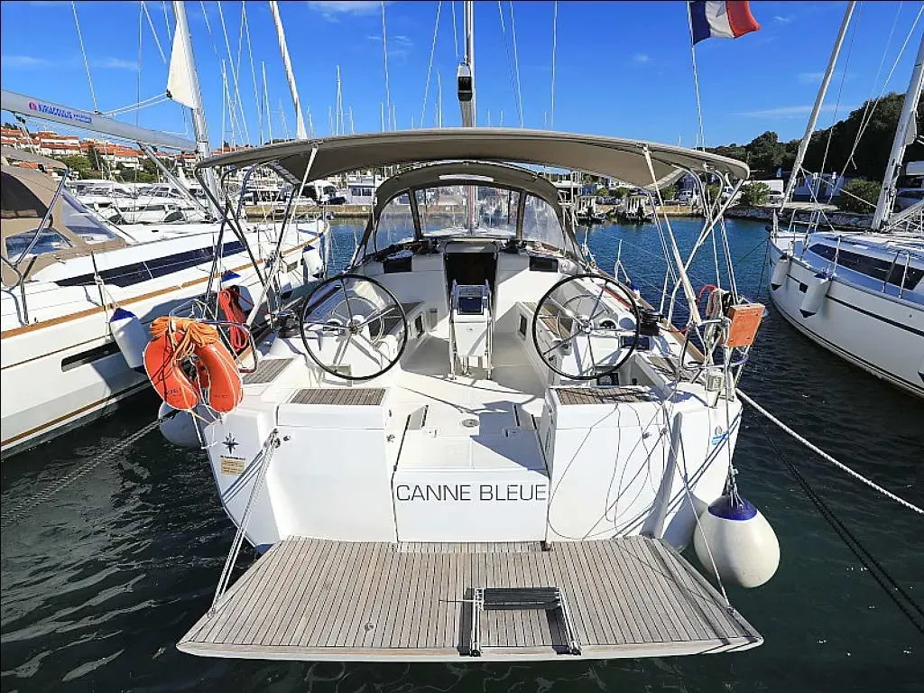Cockpit of Canne Bleue, a Jeanneau Sun Odyssey 449 sailboat at Athens, Greece