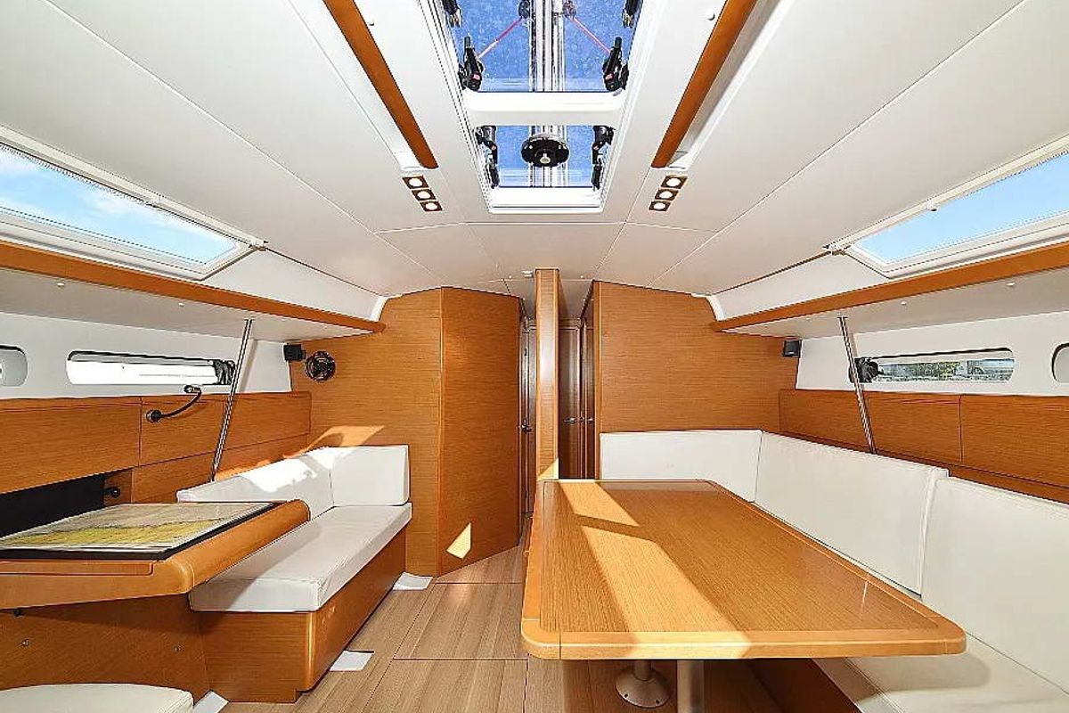 Salon of Canne Bleue, a Jeanneau Sun Odyssey 449 sailboat at Athens, Greece