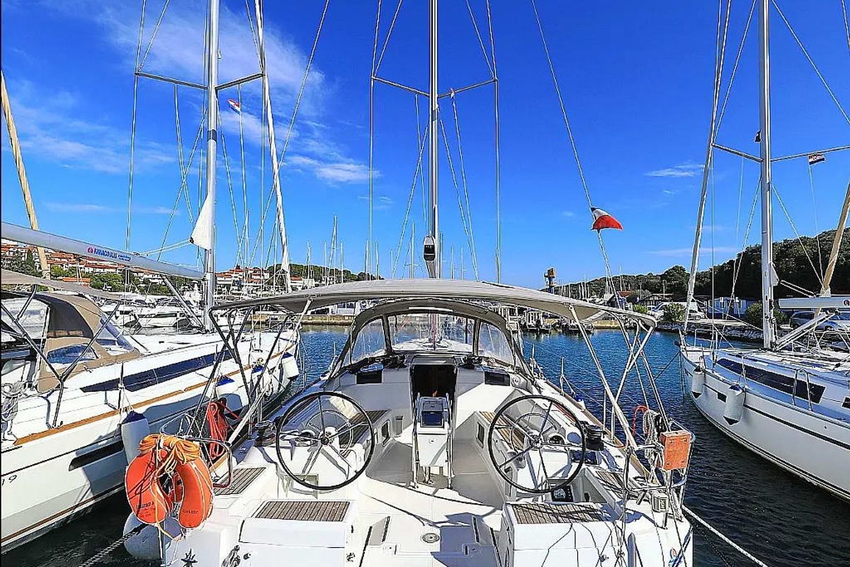 Cockpit of Canne Bleue, a Jeanneau Sun Odyssey 449 sailboat at Athens, Greece