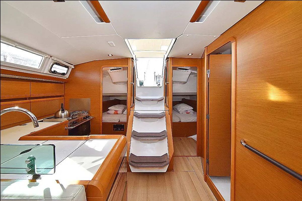 Galley of Canne Bleue, a Jeanneau Sun Odyssey 449 sailboat at Athens, Greece