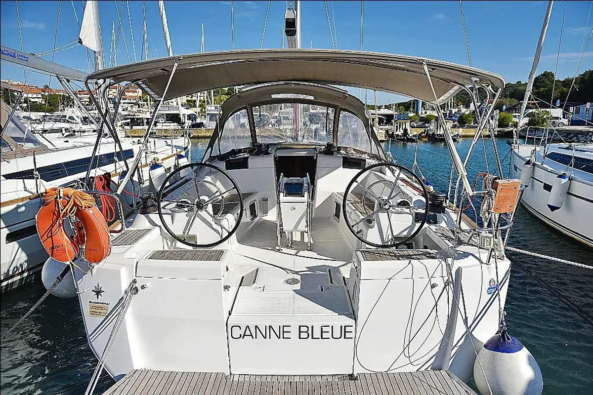 Cockpit of Canne Bleue, a Jeanneau Sun Odyssey 449 sailboat at Athens, Greece