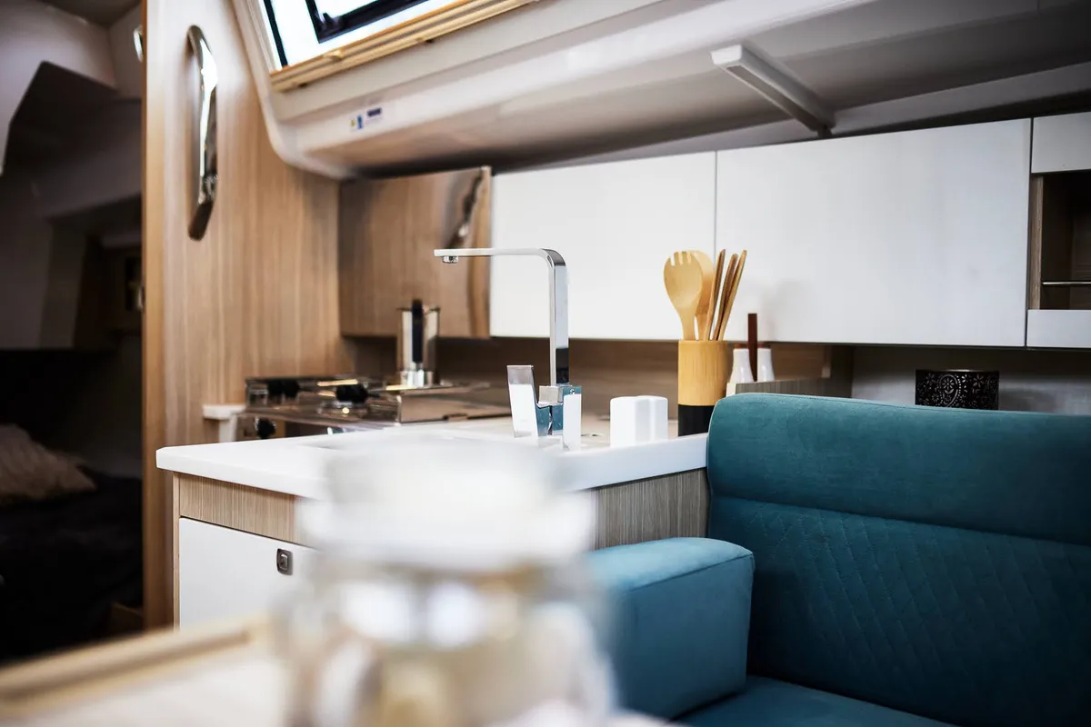 Galley of Angelmiles 1 , a Northman Maxus 35 sailboat at Valencia, Spain