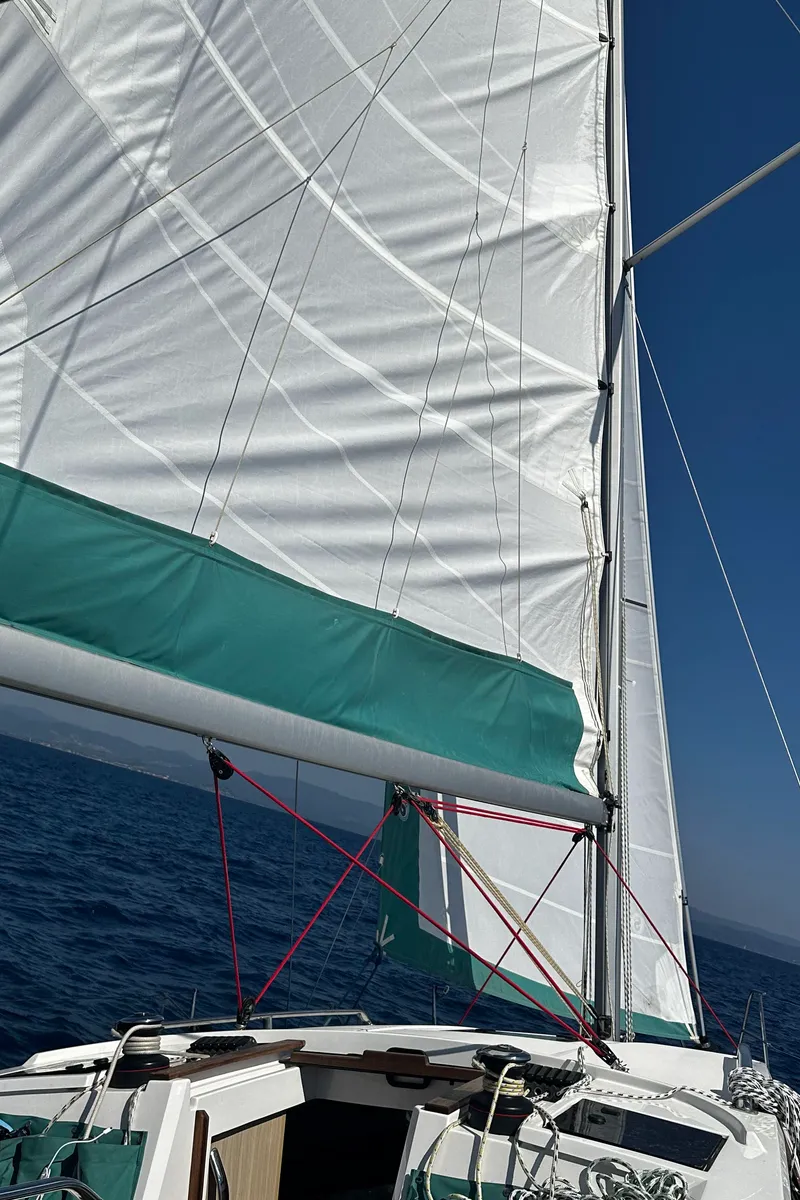 Deck of Angelmiles 1 , a Northman Maxus 35 sailboat at Valencia, Spain