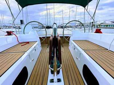 Cockpit of Angelmiles 1 , a Northman Maxus 35 sailboat at Valencia, Spain