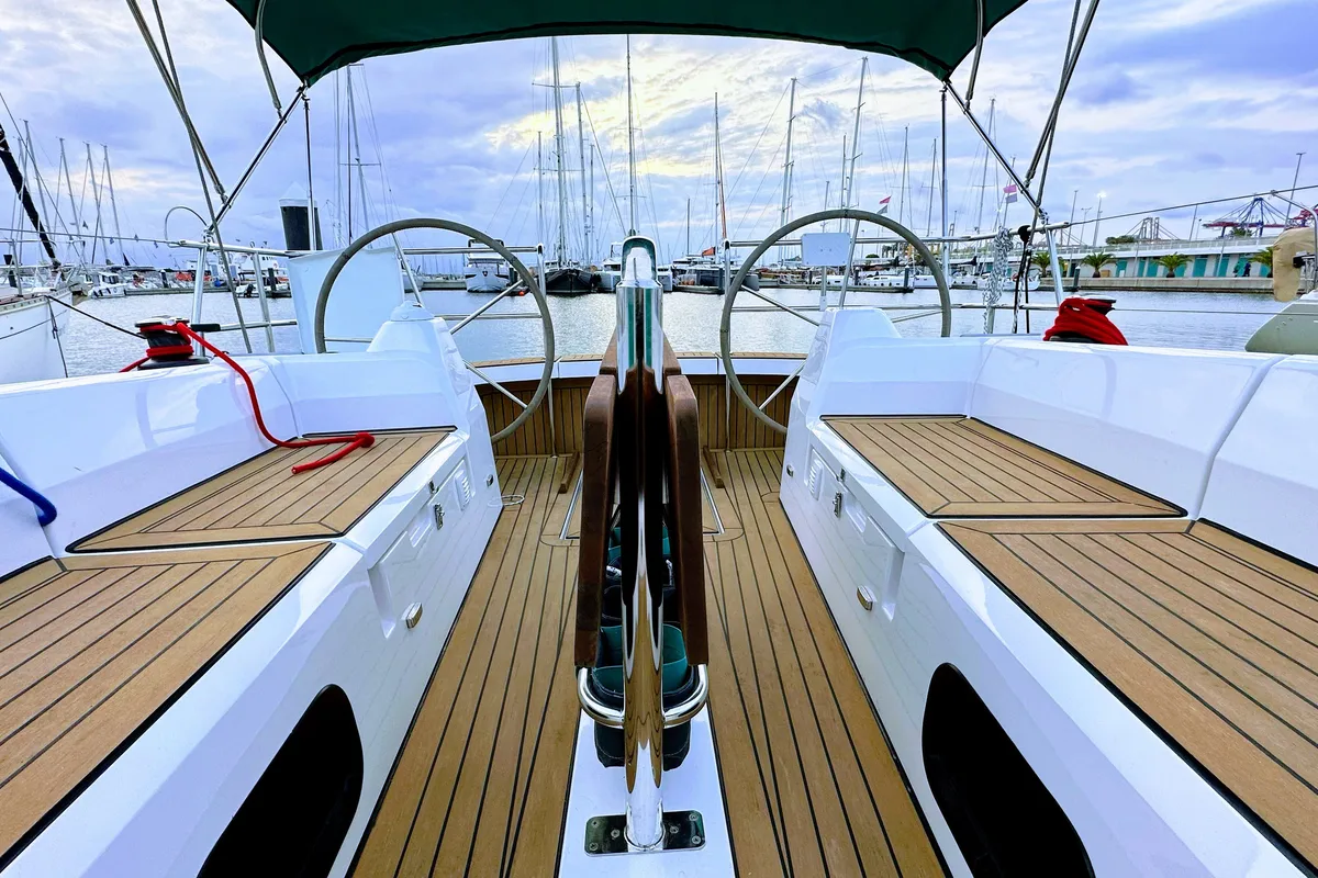Cockpit of Angelmiles 1 , a Northman Maxus 35 sailboat at Valencia, Spain