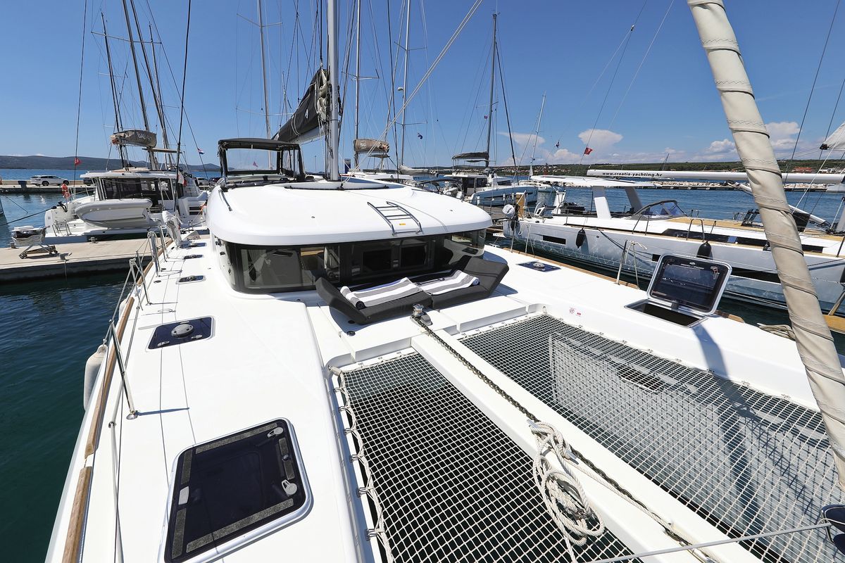 Deck of Tortilla Flat, a Lagoon 40 catamaran at Grad Biograd na Moru, Croatia