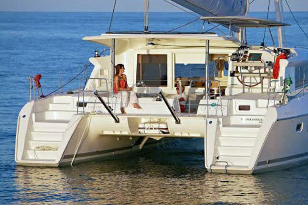 Exterior view of Paluko, a Lagoon 421 catamaran at Bodrum, Turkey