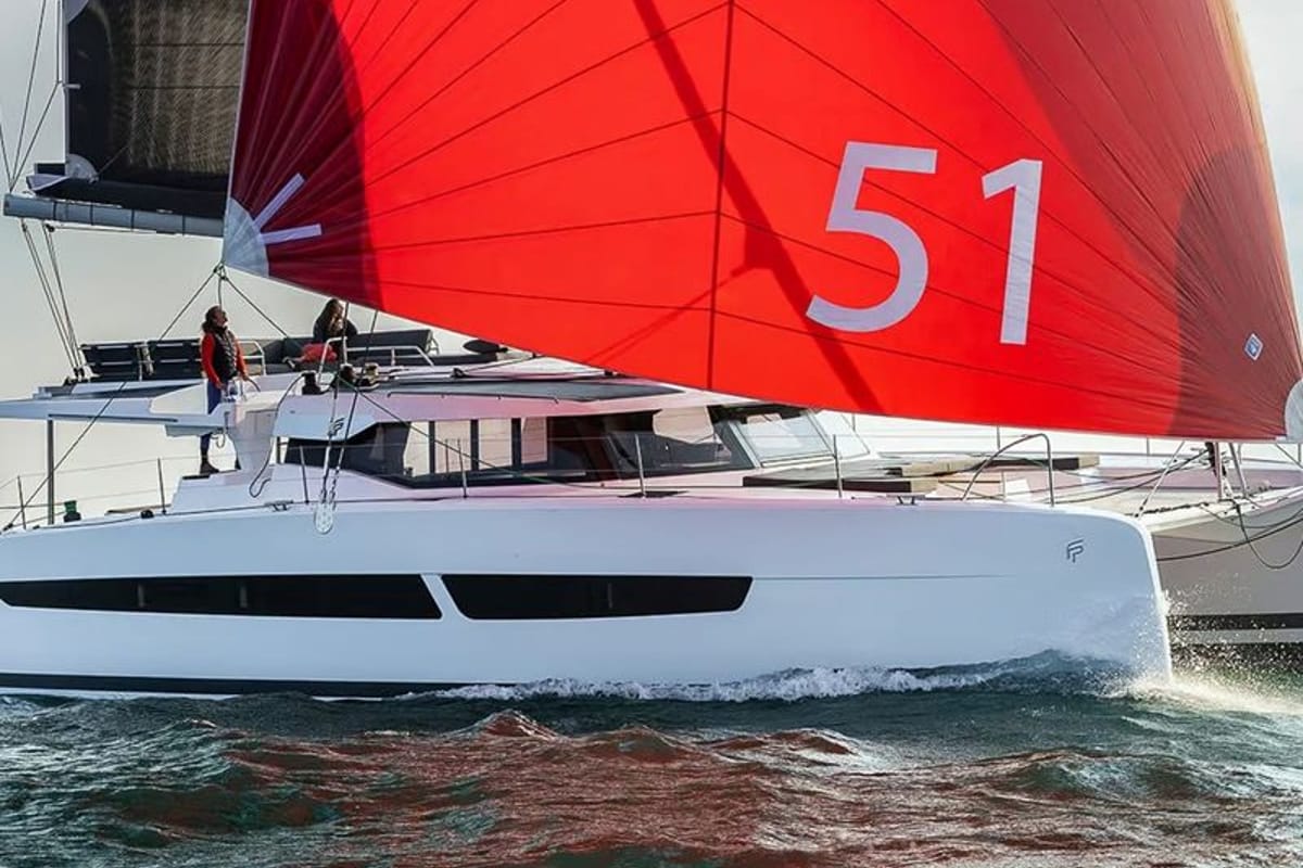 Exterior view of Alaia - Skippered, a Fountaine Pajot Aura 51 catamaran at Municipal Unit of Nea Peramos, Greece