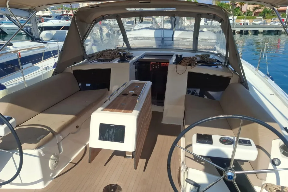 Cockpit of Ventotene, a Dufour 430 GL sailboat at Tonnarella, Italy