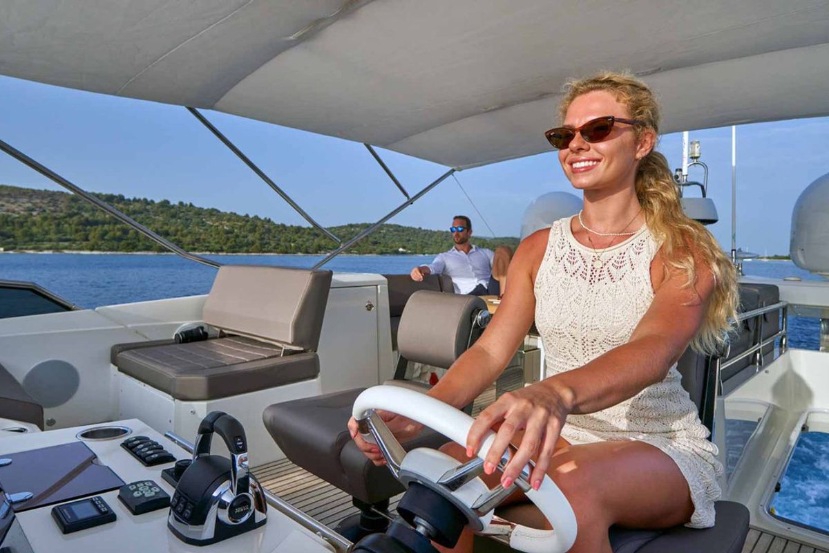 Cockpit of Simul, a Prestige 630S yacht at Grad Trogir, Croatia