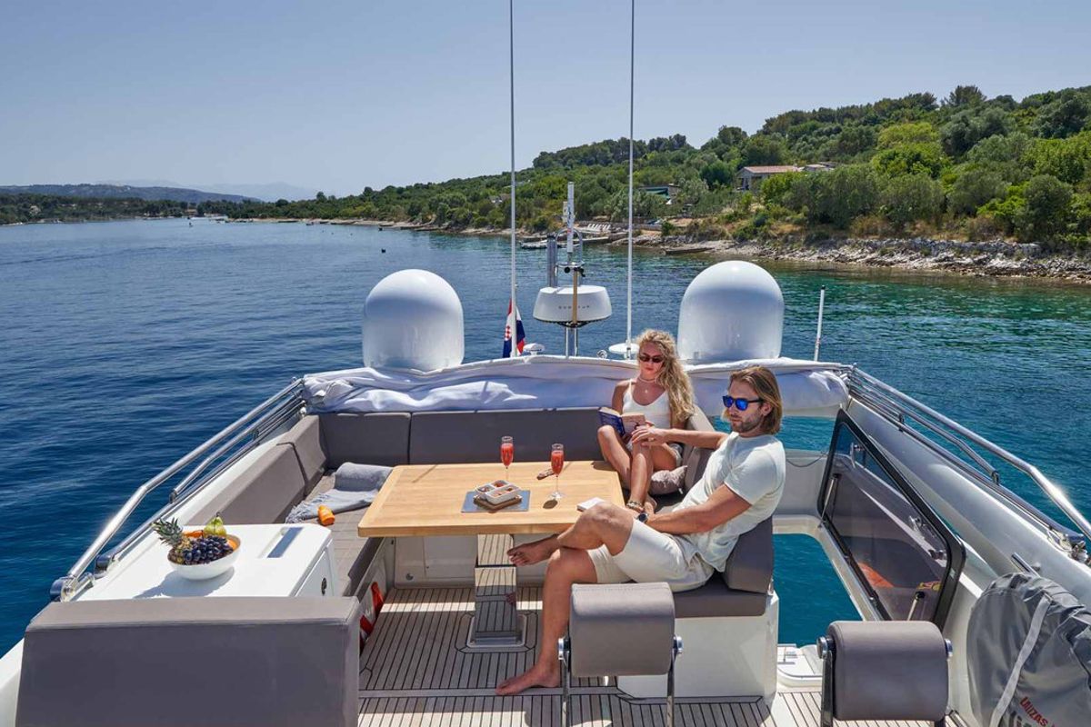 Deck of Simul, a Prestige 630S yacht at Grad Trogir, Croatia