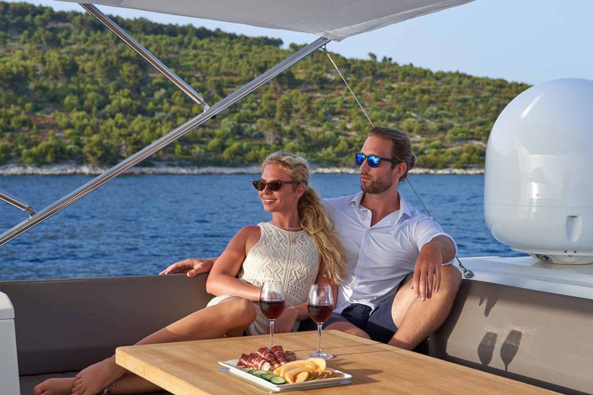 Deck of Simul, a Prestige 630S yacht at Grad Trogir, Croatia