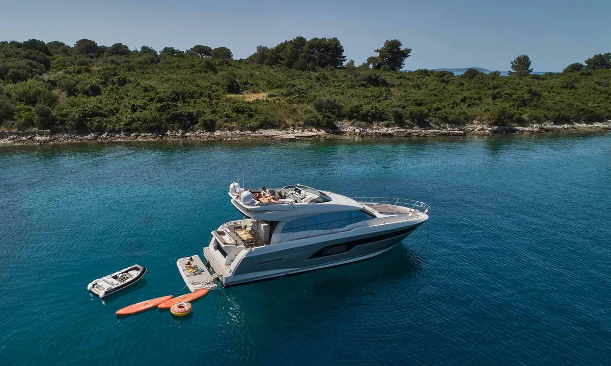Exterior view of Simul, a Prestige 630S yacht at Grad Trogir, Croatia